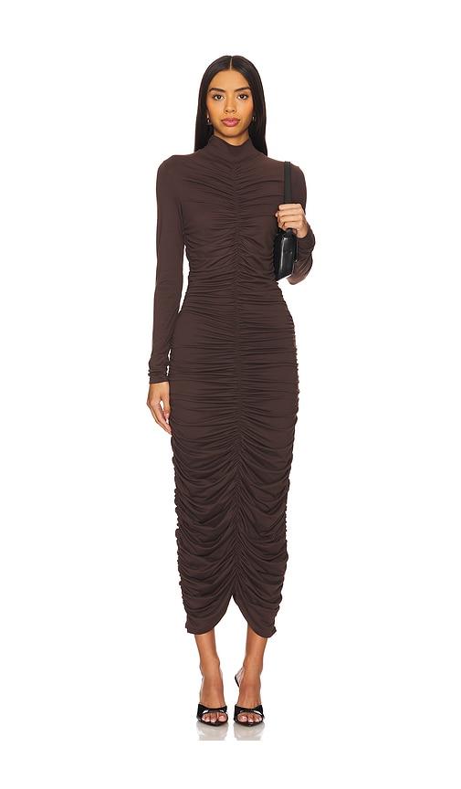 susana monaco mock gathered long sleeve dress in brown. - size s (also in xs)
