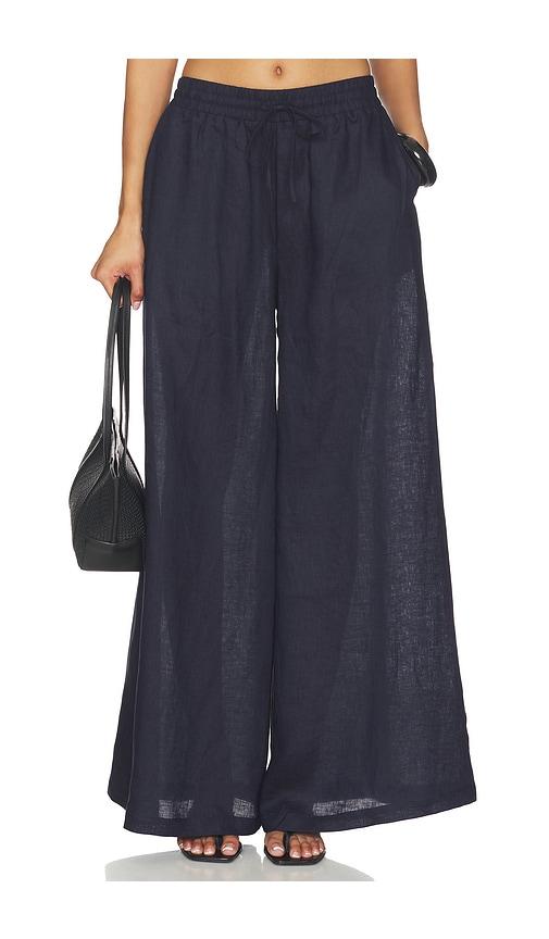 susana monaco solid linen wide leg elastic pant in navy. - size m (also in s)