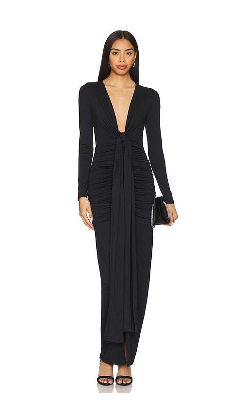 susana monaco tie gathered long sleeve dress in black. - size l (also in s)