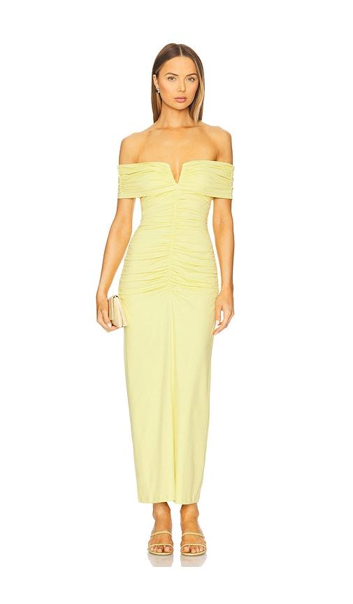 susana monaco v wire gathered off the shoulder dress in yellow. - size s (also in xs)