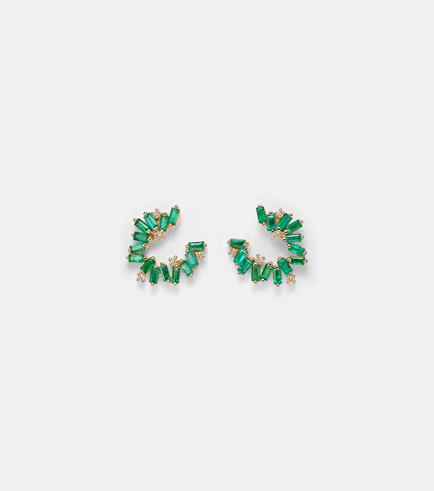 suzanne kalan izzy sideway spiral 18kt gold earrings with emeralds and diamonds