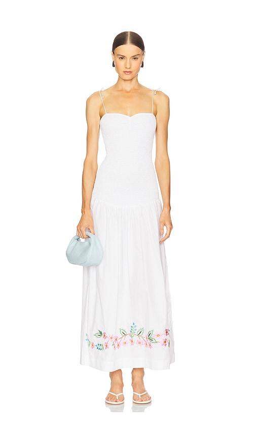 swf shirred embroidered drop hem maxi dress in white. - size l (also in s, xs)