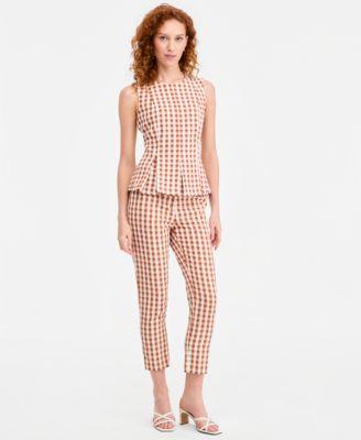 tahari asl womens gingham sleeveless peplum top gingham cropped slim pants