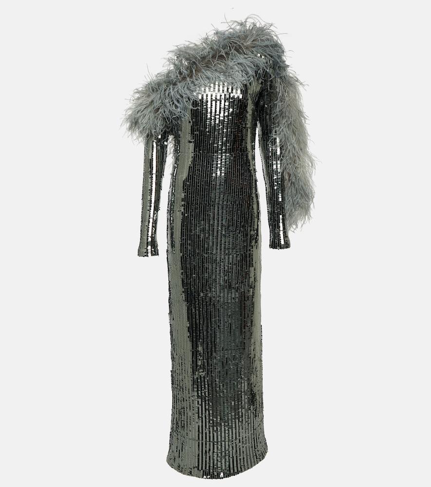 taller marmo garbo disco feather-trimmed sequined gown