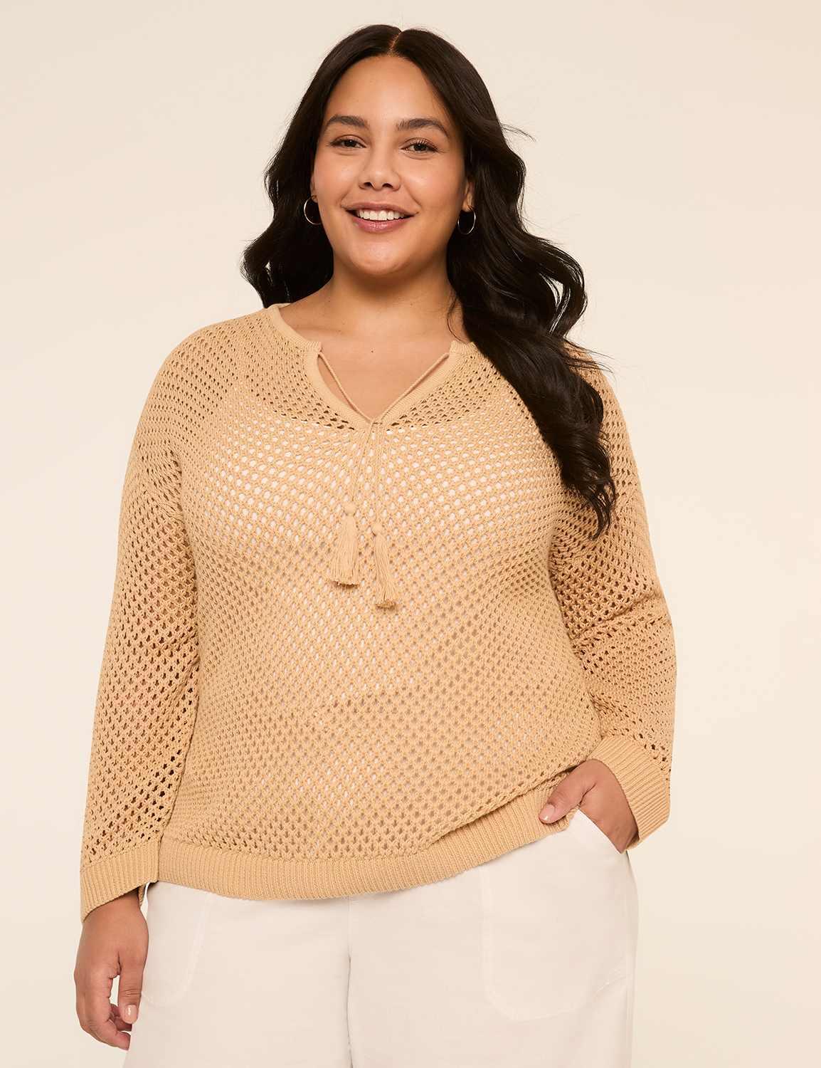 tassel-tie open-stitch sweater tunic