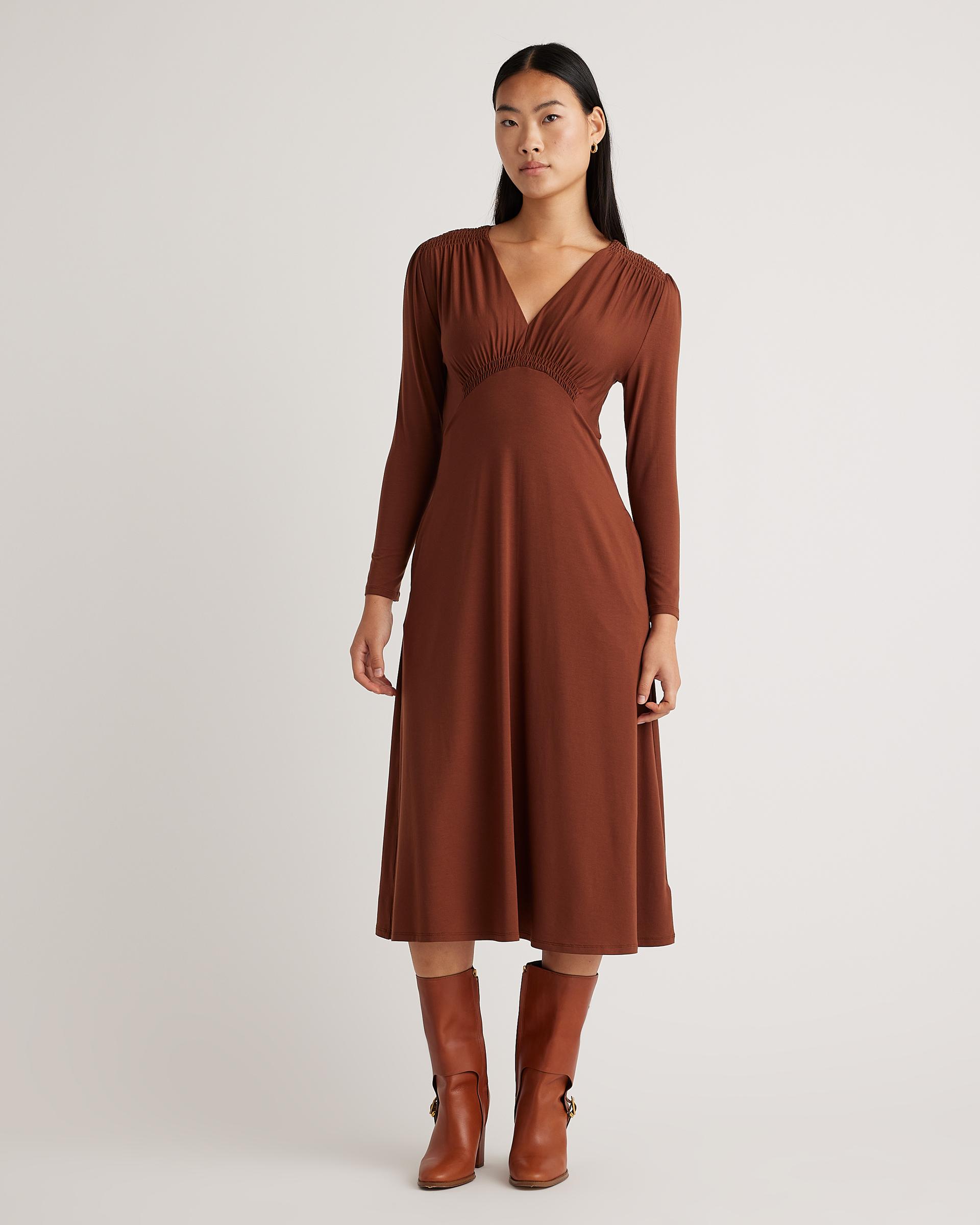 tencel jersey v-neck long sleeve midi dress