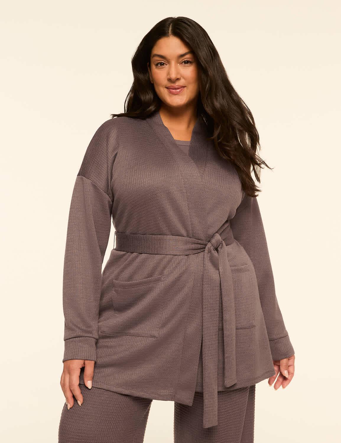 textured knit belted lounge cardigan
