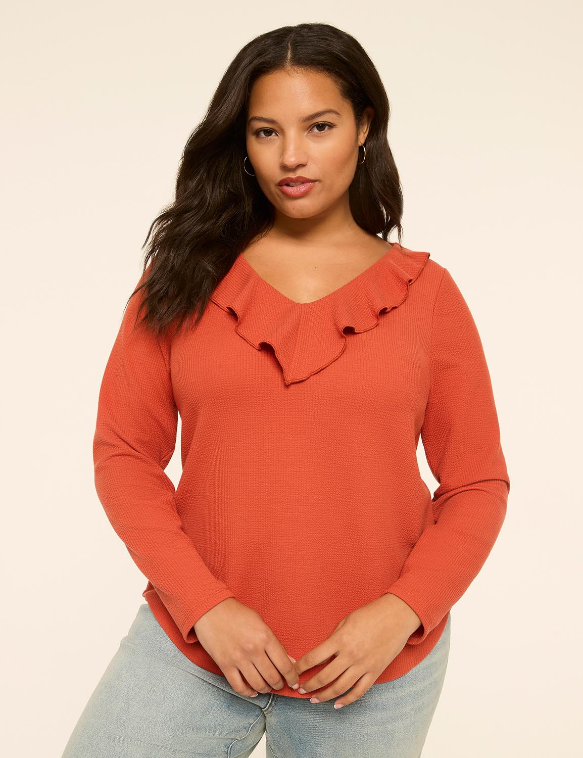 textured long-sleeve ruffle v-neck top