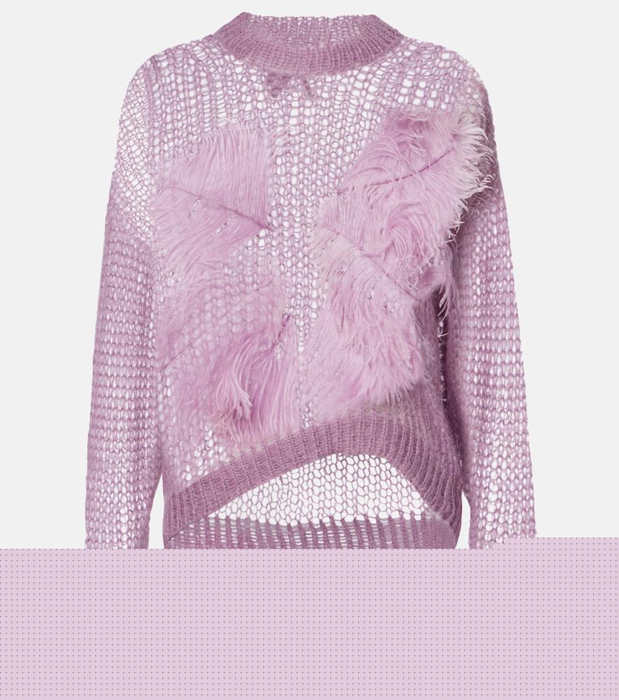 the attico feather-trimmed open-knit mohair-blend sweater