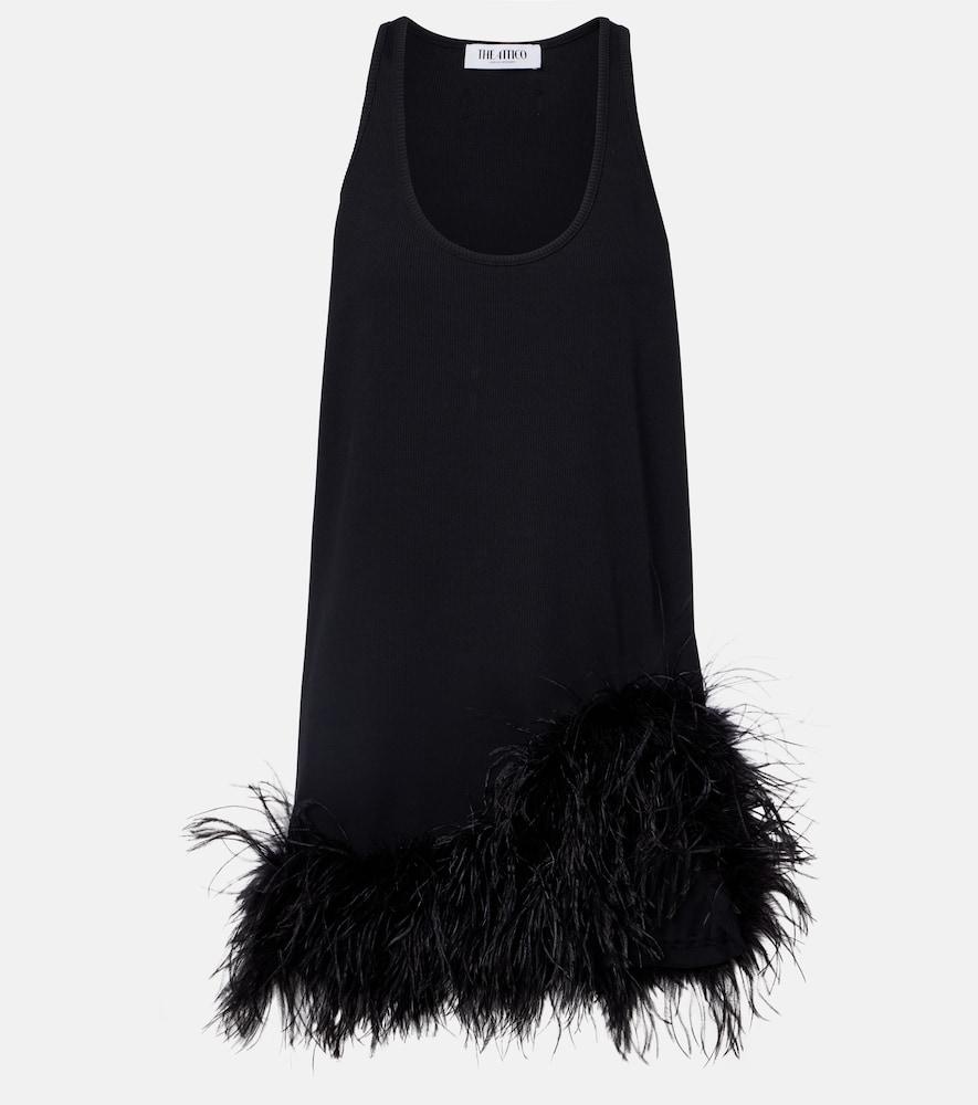 the attico ribbed-knit feather-trimmed cotton minidress