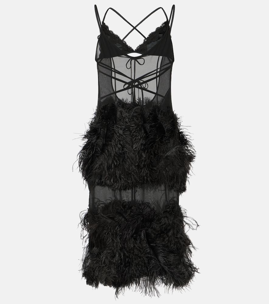 the attico sheer feather-trimmed midi dress