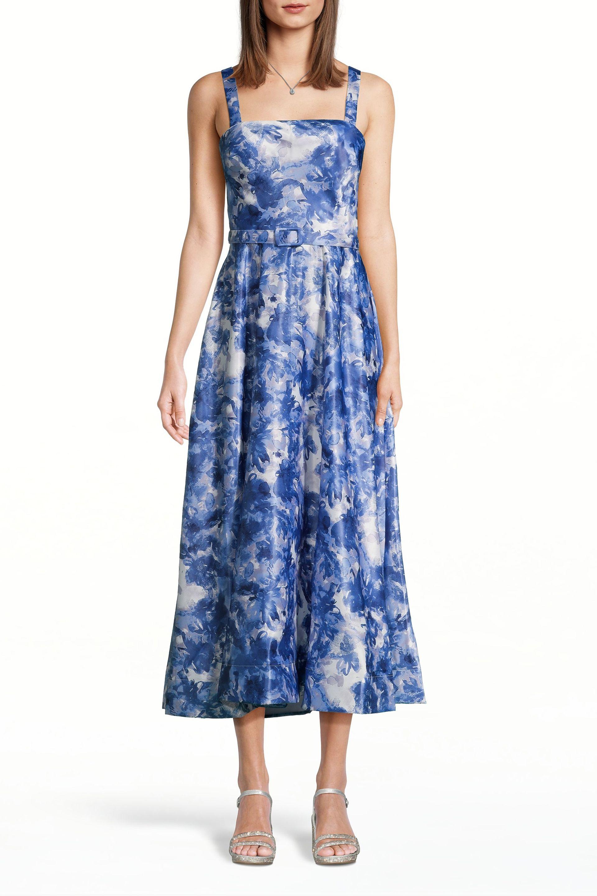 the edit by db studio floral print satin belted a-line midi dress in blue/multi size: 16 david's bridal