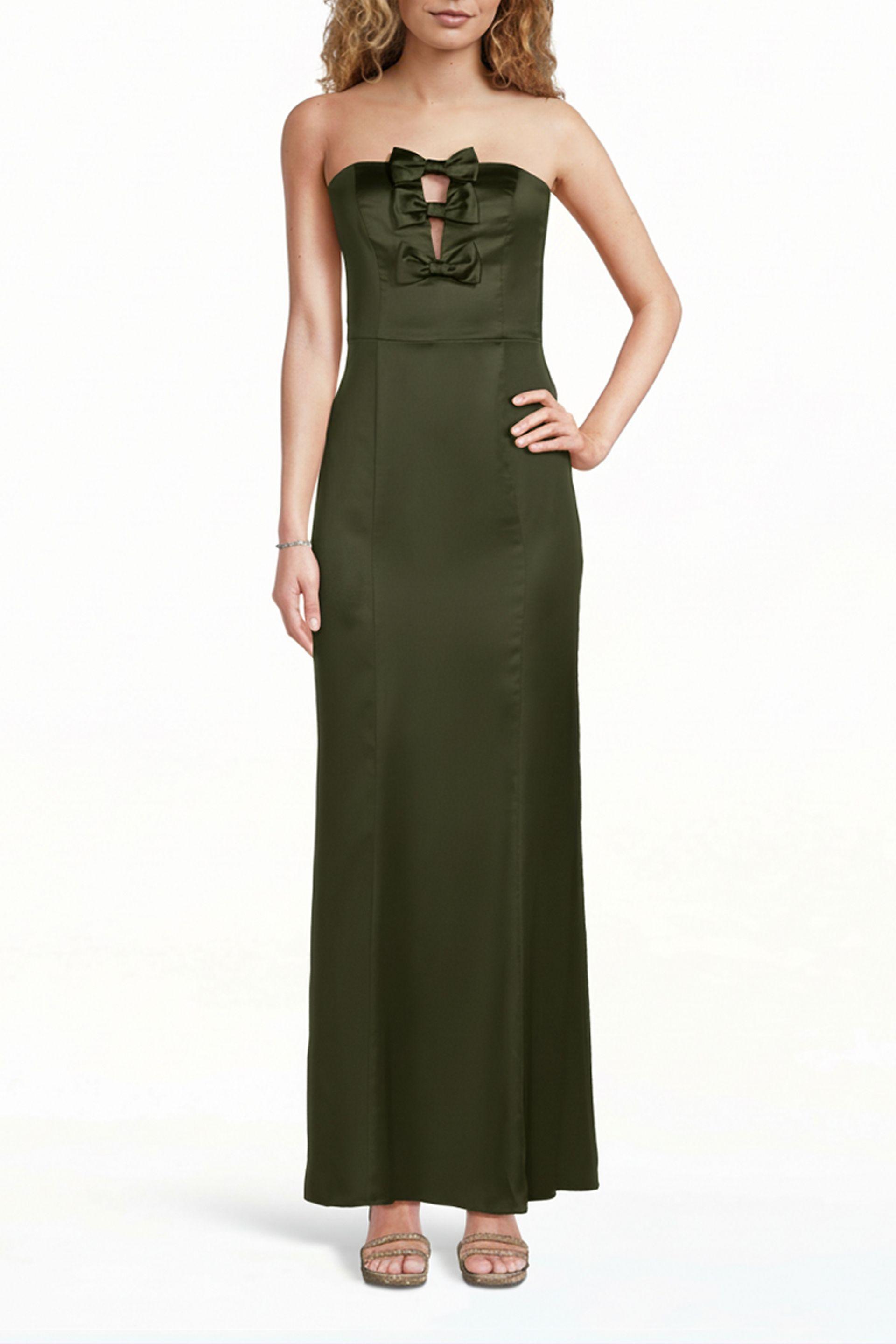 the edit by db studio stretch satin bow-front sheath dress in martini olive size: 22 david's bridal
