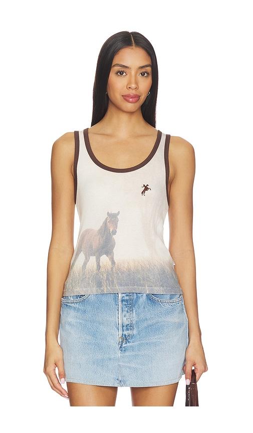 the laundry room ranch life smu rib tank top in white,brown. - size l (also in s, m)