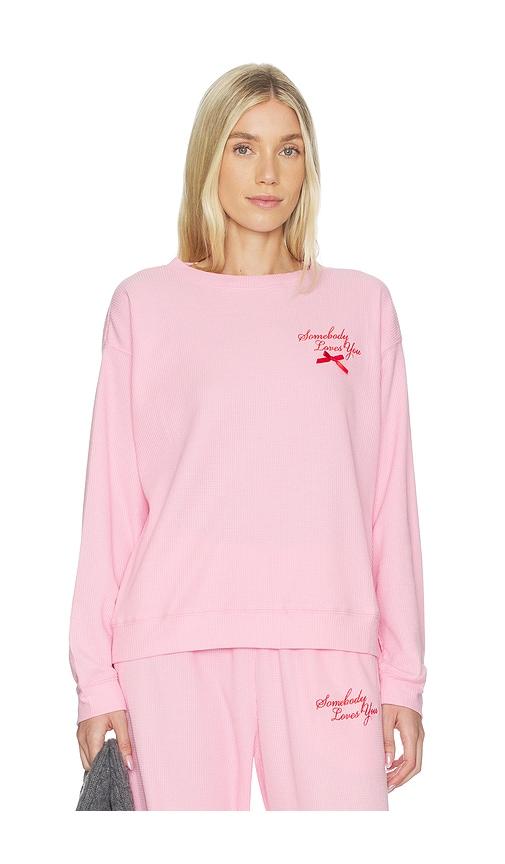 the mayfair group somebody love you waffle crewneck sweatshirt in pink. - size l/xl (also in xs, s/m, m/l)
