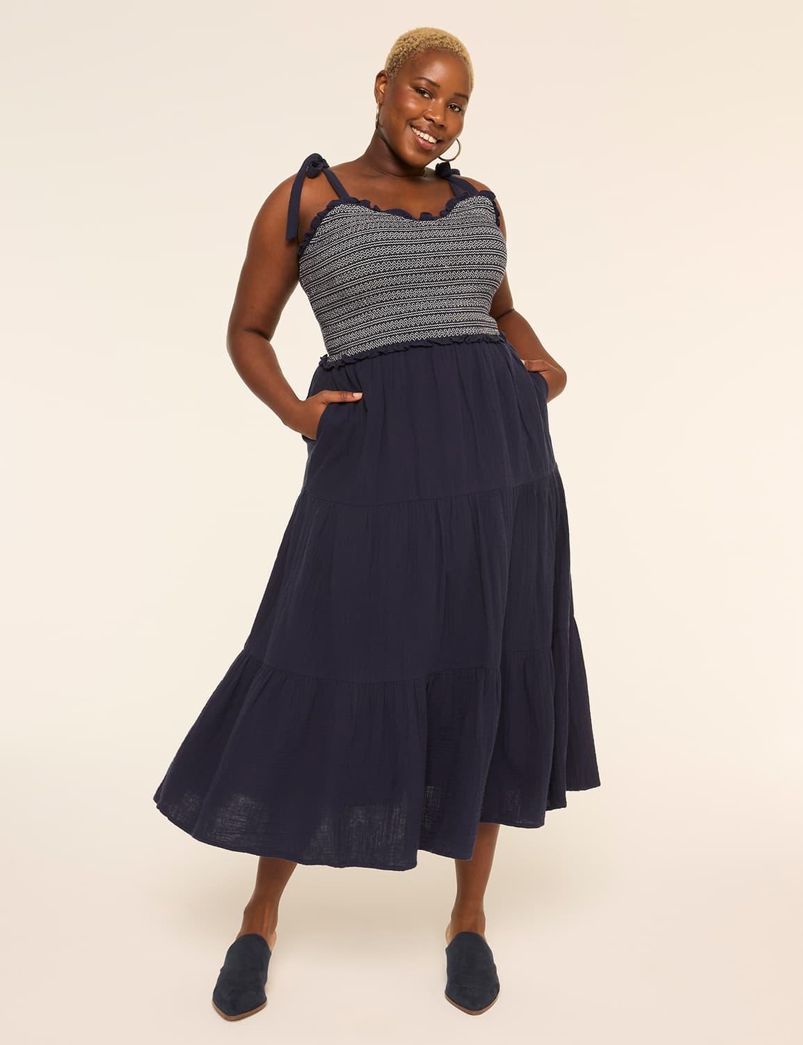 tie-strap smocked-bodice maxi dress