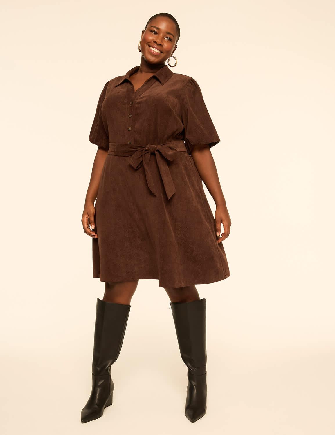 tie-waist corduroy shirt dress