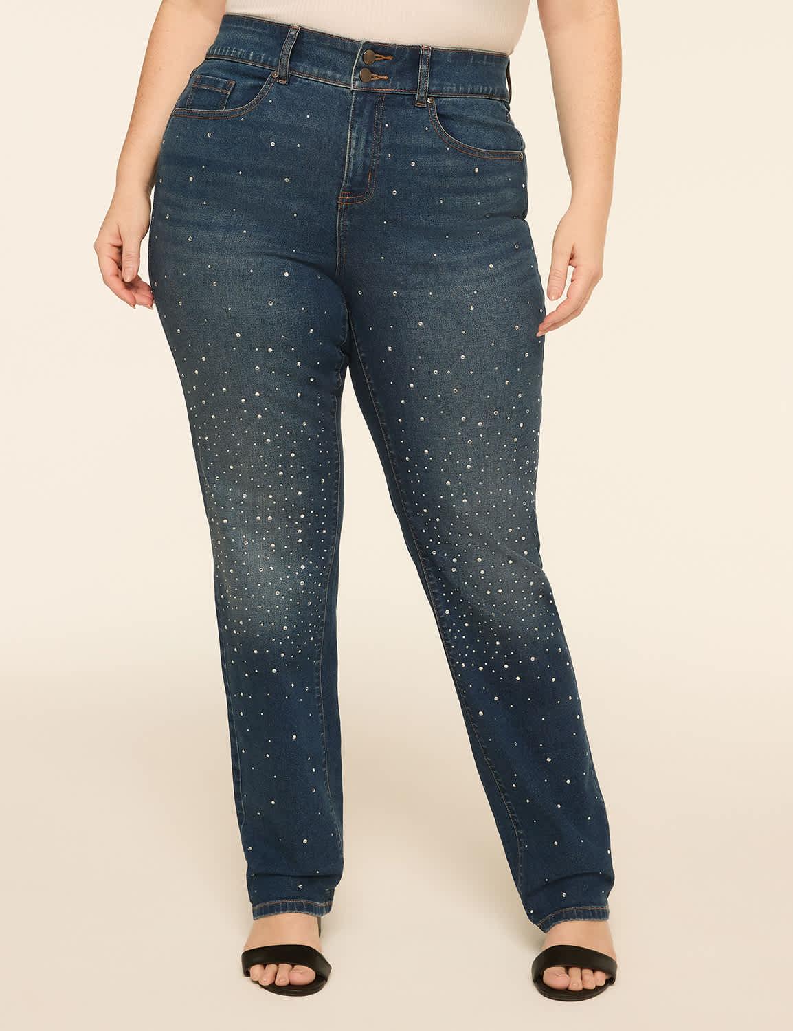 tighter tummy fit high-rise embellished straight leg jean