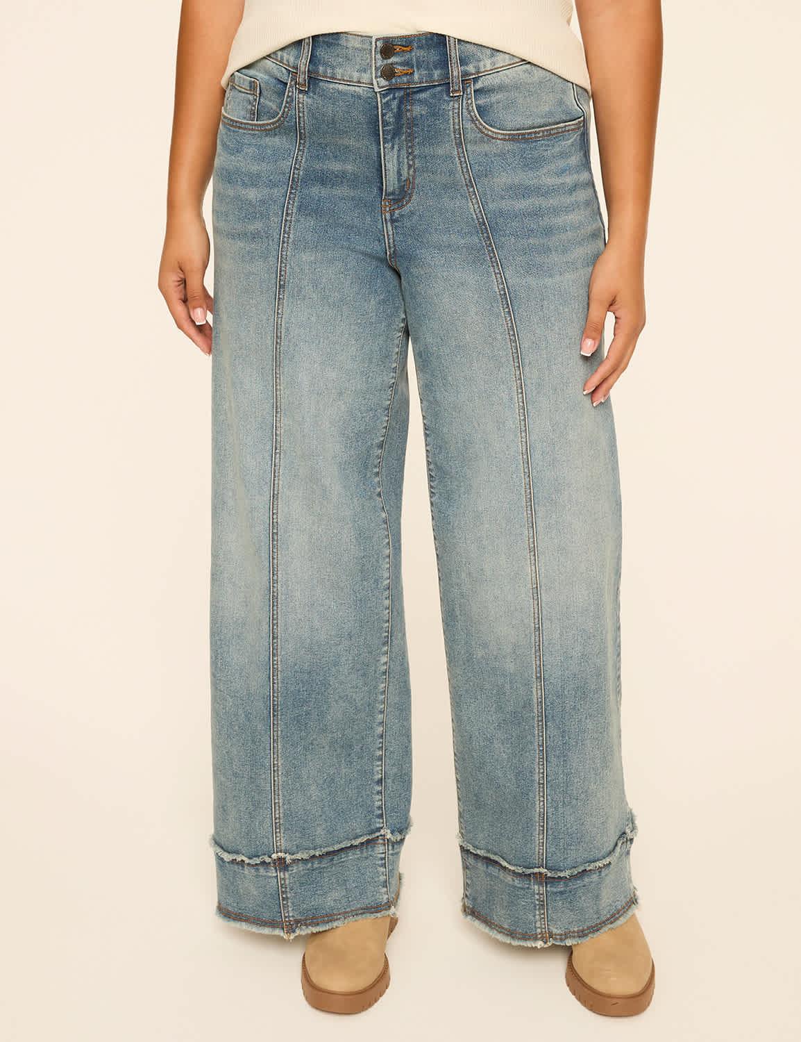 tighter tummy fit high-rise raw-hem wide leg jean