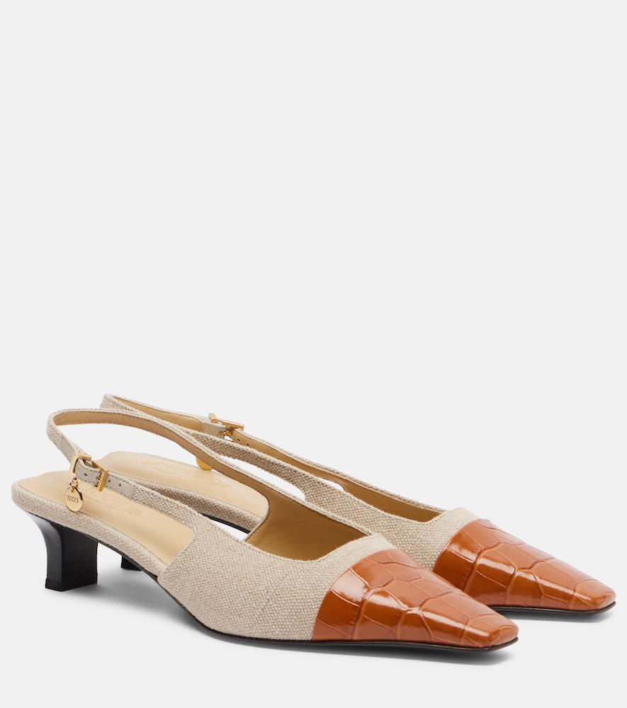 tod's leather-trimmed canvas slingback pumps