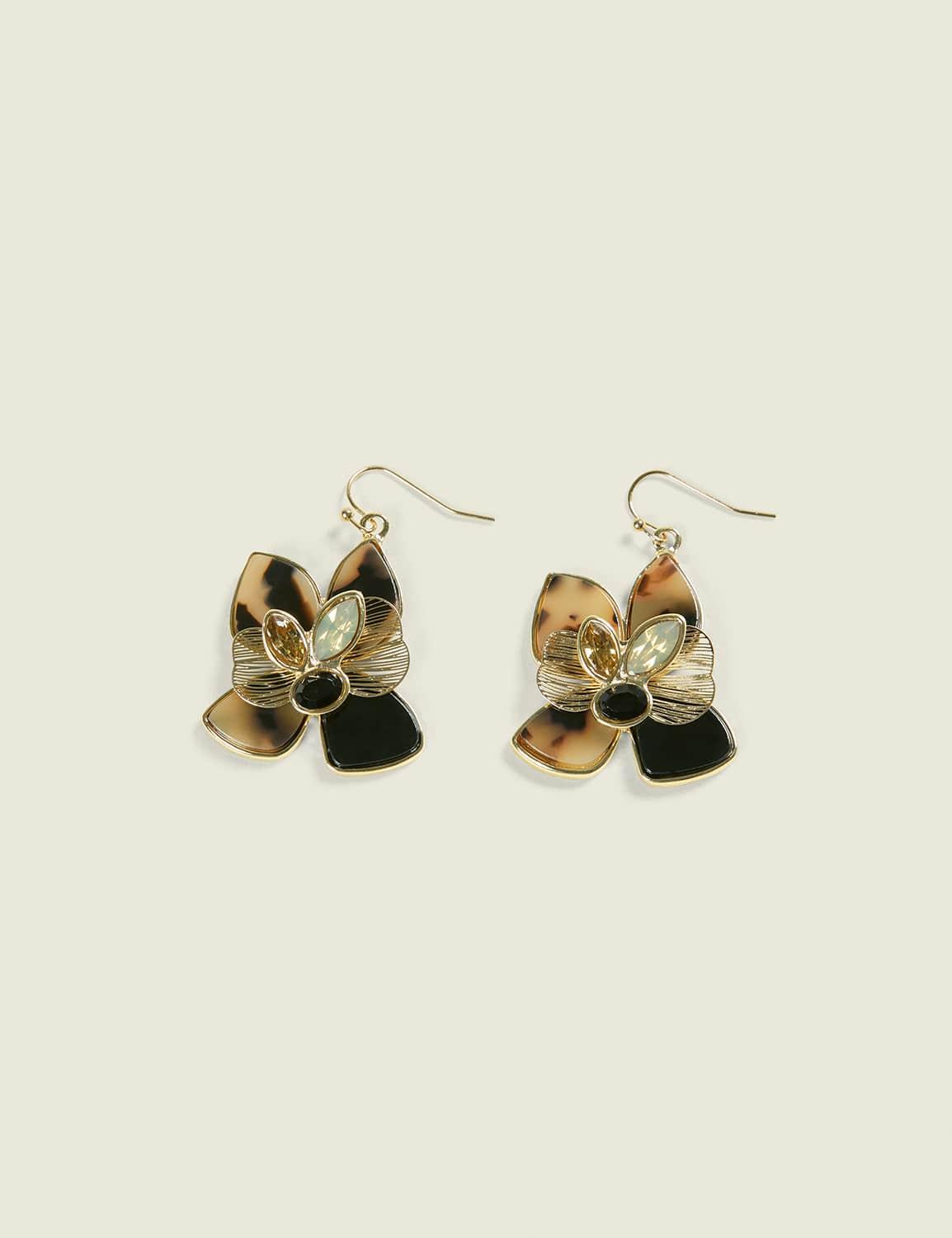 tortoiseshell print & filigree flower drop earrings