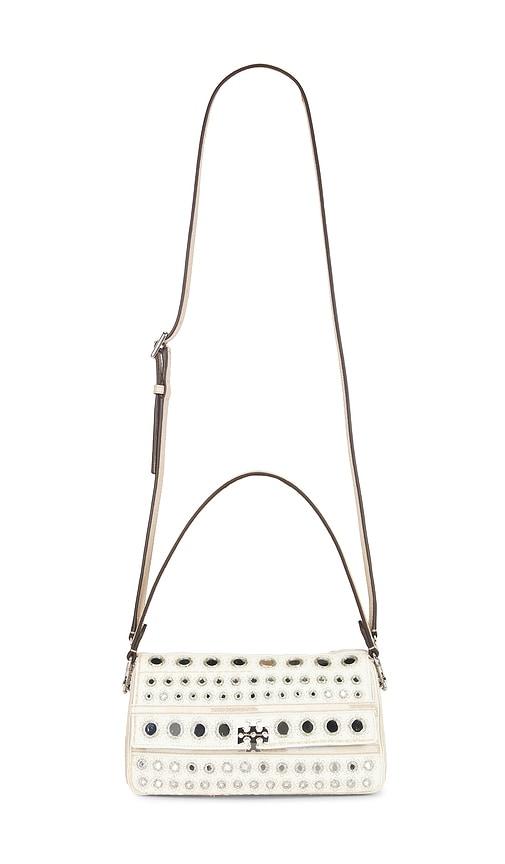 tory burch charlie embellished small shoulder bag in ivory.