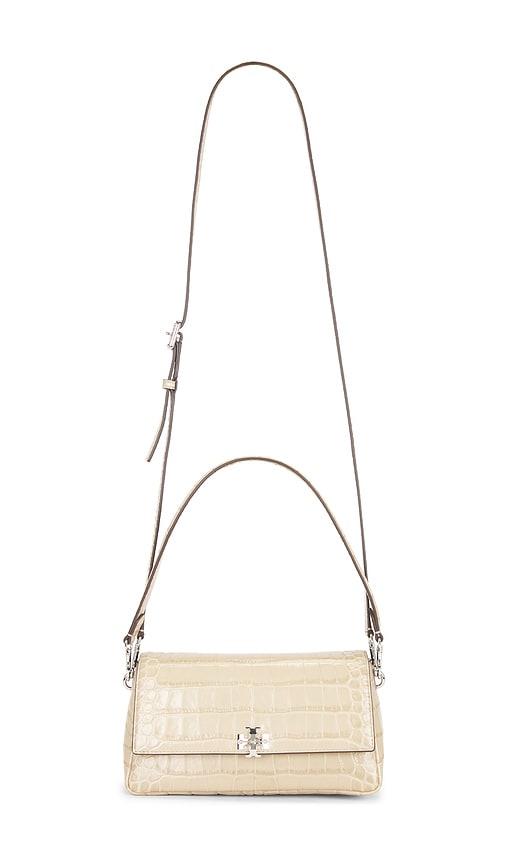 tory burch charlie embossed croc small shoulder bag in cream.