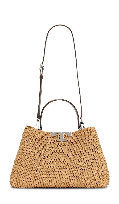 tory burch eleanor straw satchel bag in tan.