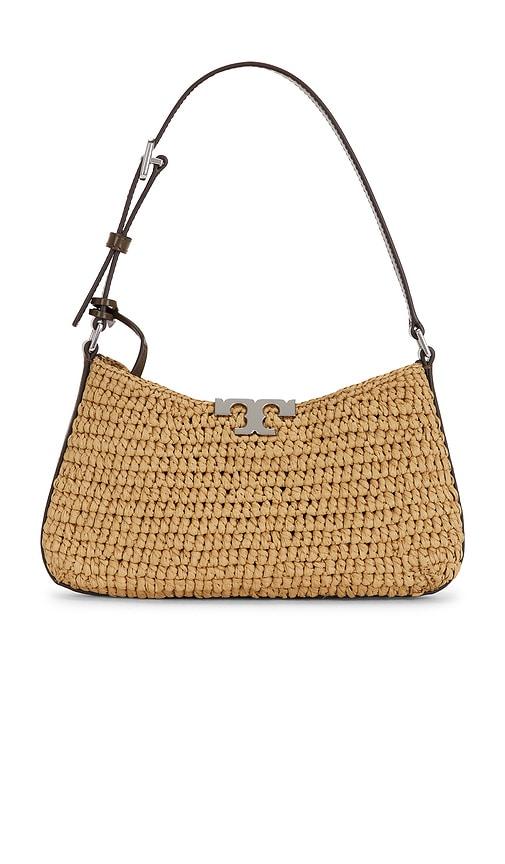 tory burch eleanor straw slim shoulder bag in tan.