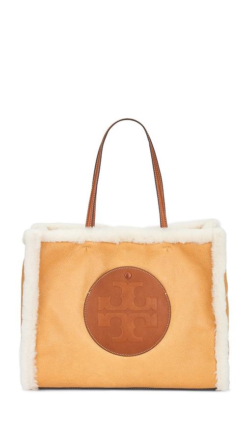 tory burch ella shearling tote in tan.