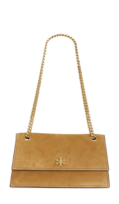 tory burch kira turnlock suede shoulder bag in tan.