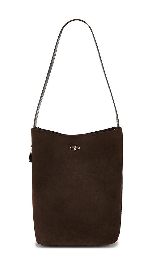 tory burch lock suede slim bucket bag in chocolate.