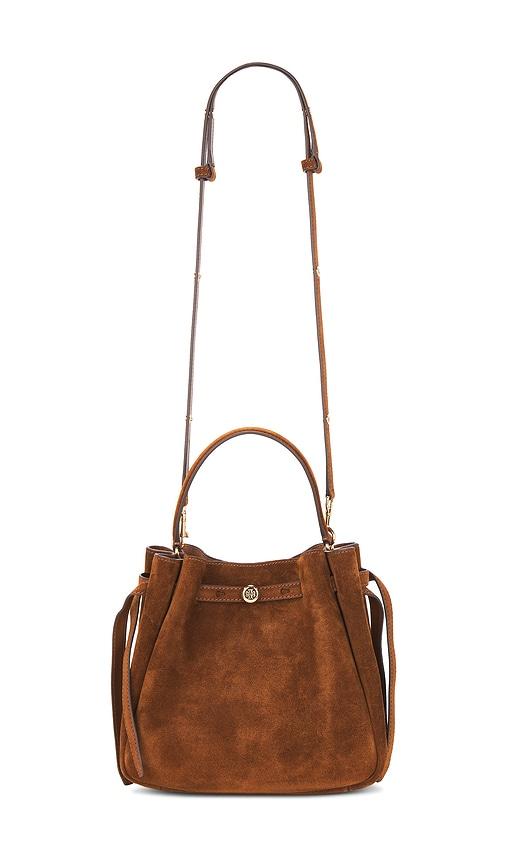 tory burch romy bucket bag in cognac.