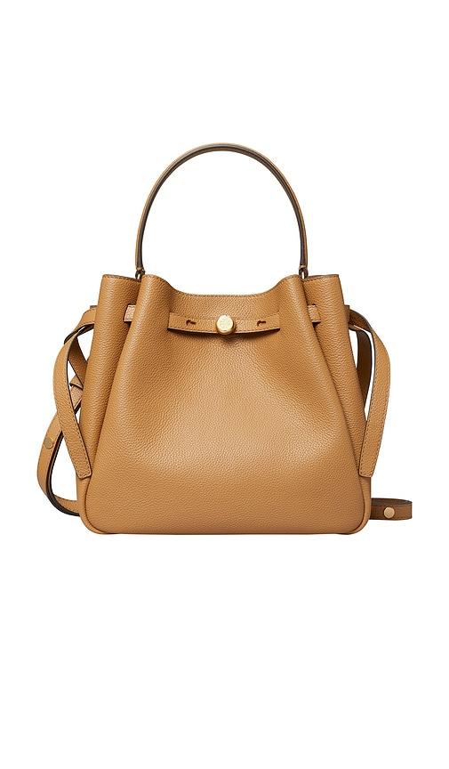 tory burch romy bucket bag in tan.
