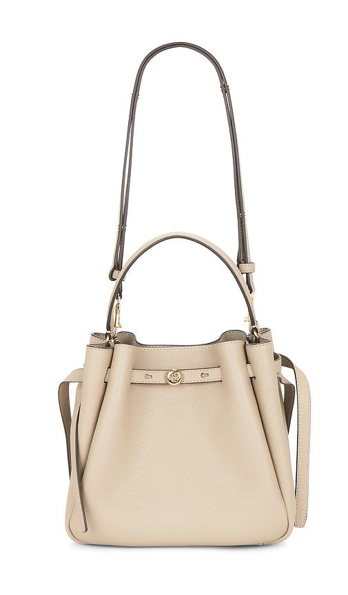 tory burch romy bucket bag in taupe.
