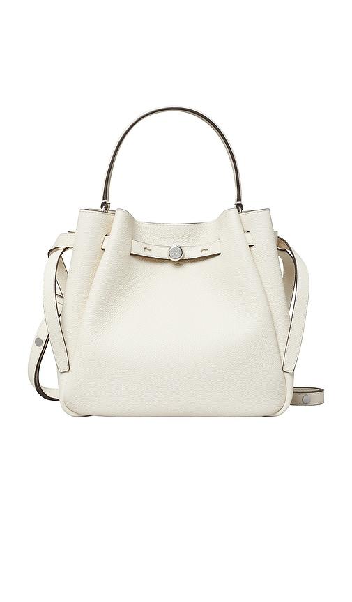 tory burch romy bucket bag in white.