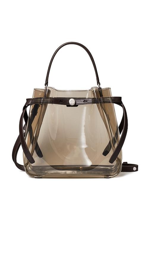 tory burch romy clear bucket bag in brown.