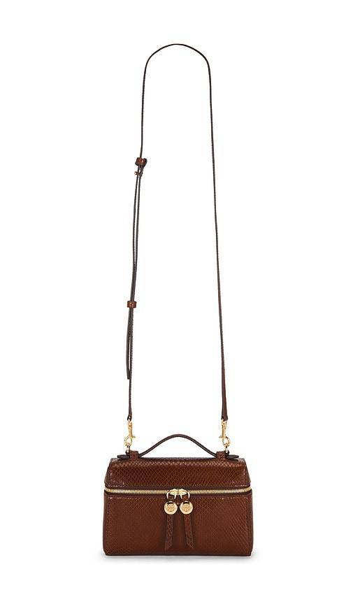tory burch romy embossed slim top handle bag in brown.