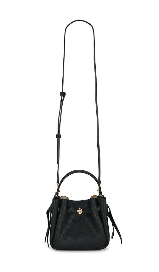 tory burch romy mini bucket bag in black.