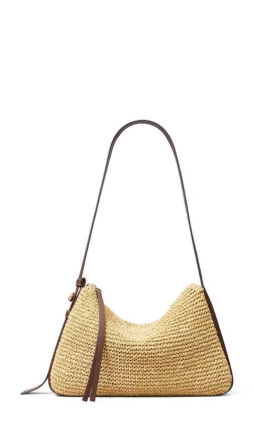 tory burch romy straw shoulder bag in tan.