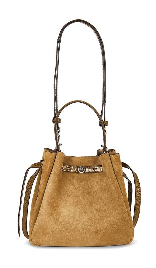 tory burch romy suede bucket bag in yellow.