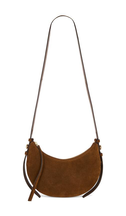 tory burch romy suede half moon bag in tan.