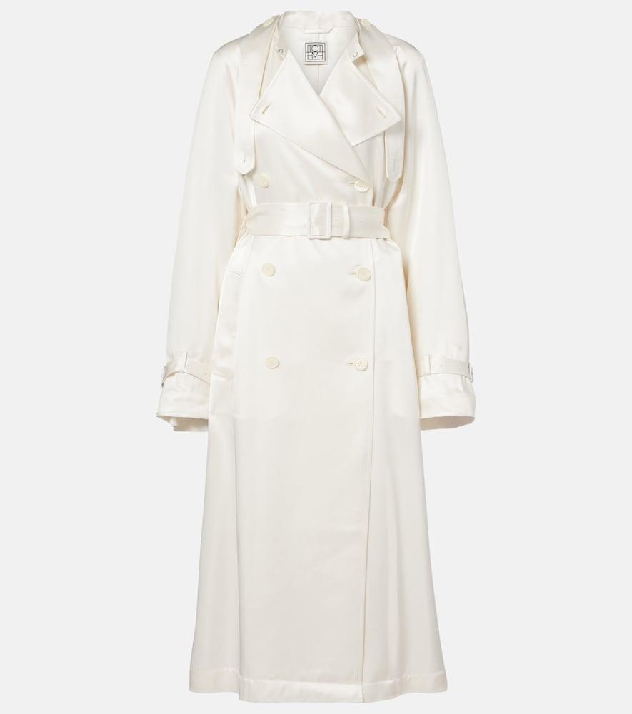 toteme belted double-breasted satin trench coat