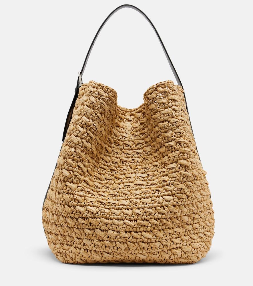 toteme leather-trimmed raffia and paper bucket bag