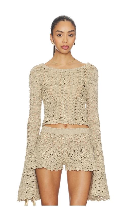 tularosa zaylee boat neck open stitch sweater in tan. - size l (also in xs, xxs, s, m, xl)