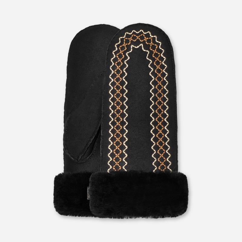 ugg® women's atherson embroidered mitten sheepskin in black, size s/m