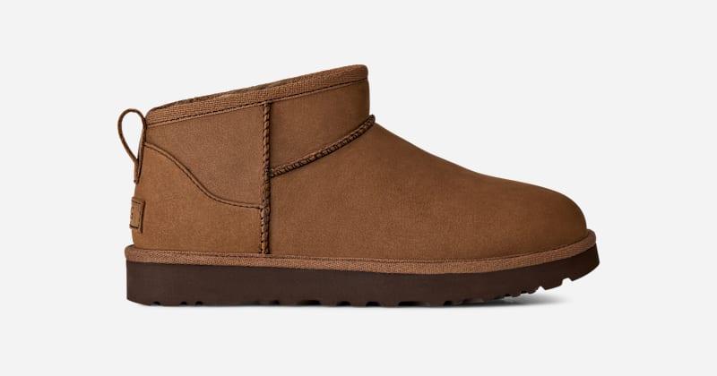 ugg® women's classic ultra mini nubuck sheepskin classic boots in dark chestnut, size 8