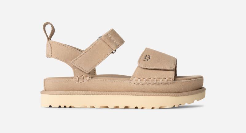 ugg® women's goldenstar suede sandals in sand, size 9
