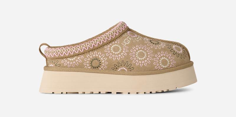 ugg® women's tazz sun stitch sheepskin slippers in mustard seed, size 9