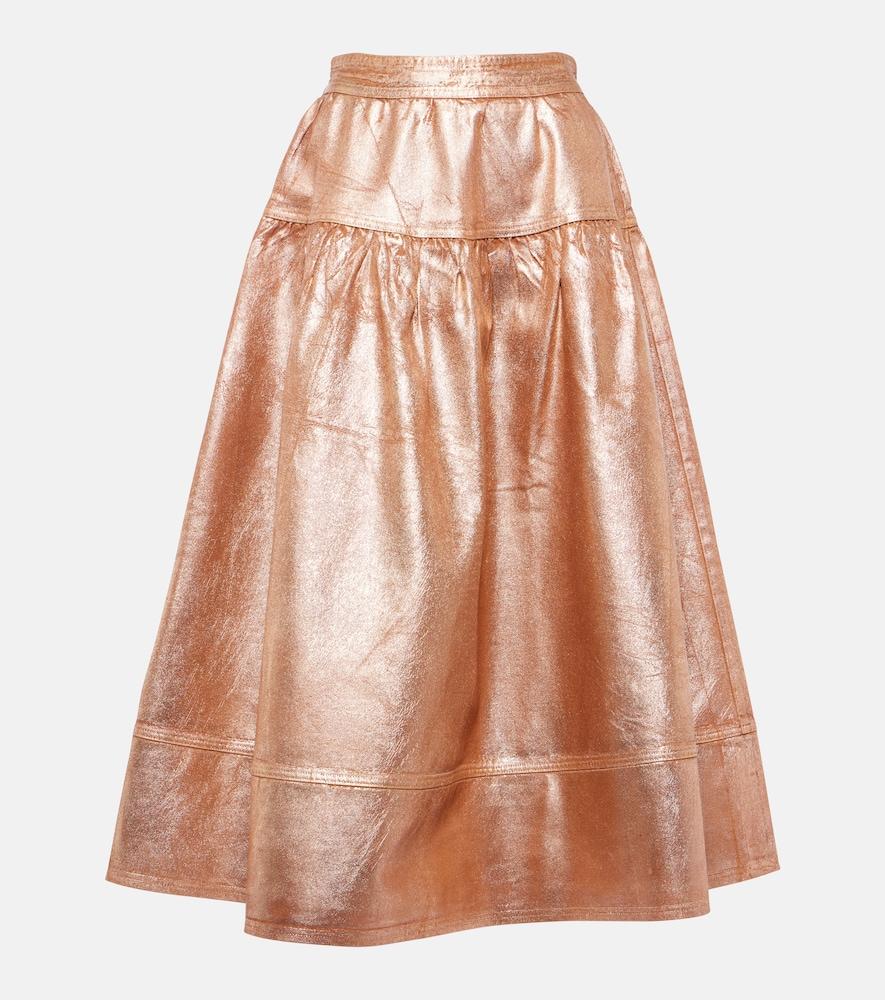 ulla johnson astrid foiled denim midi skirt